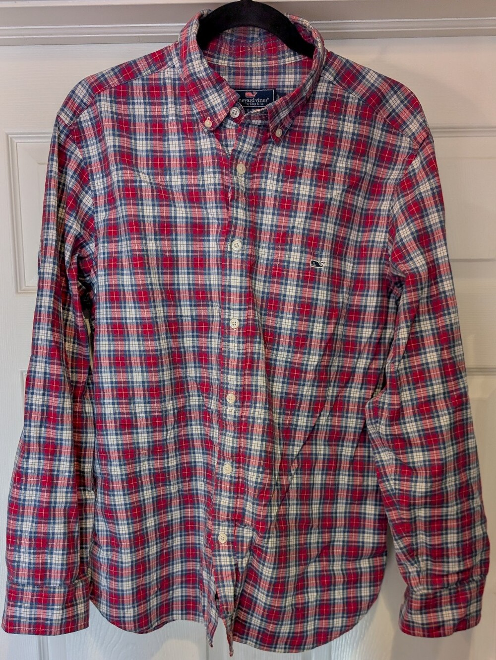 Vineyard Vines Mens Red White Blue Plaid Classic Fit 98% Cotton Button Down Lrg.
